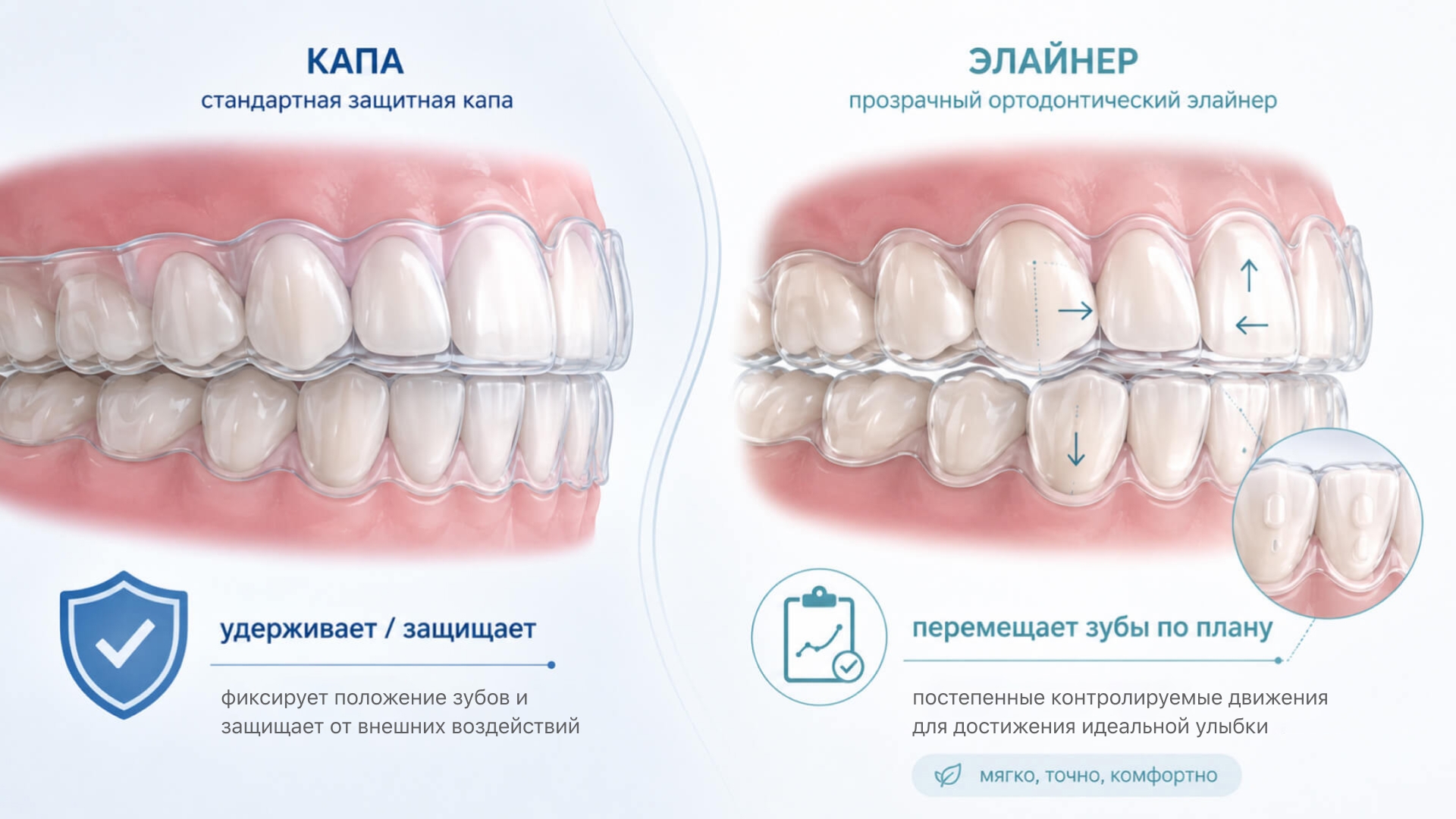 Разница между обычными защитными капами и ортодонтическими элайнерами