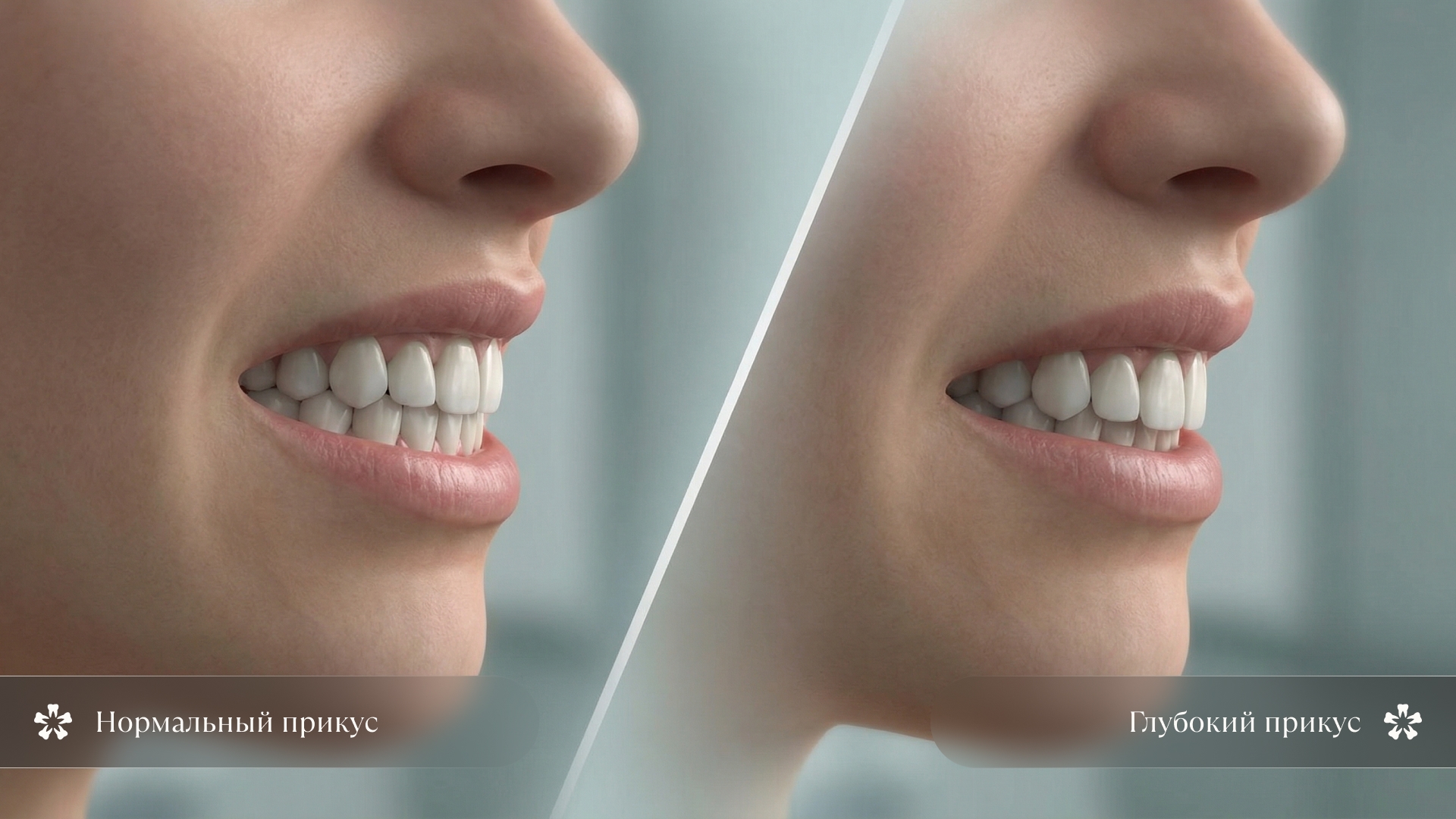 Иллюстрация сравнения нормального и глубокого прикуса в боковой проекции улыбки
